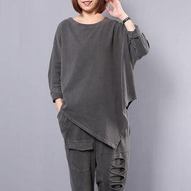 women cotton gray asymmetric tops and big pockets sport pants two pieces